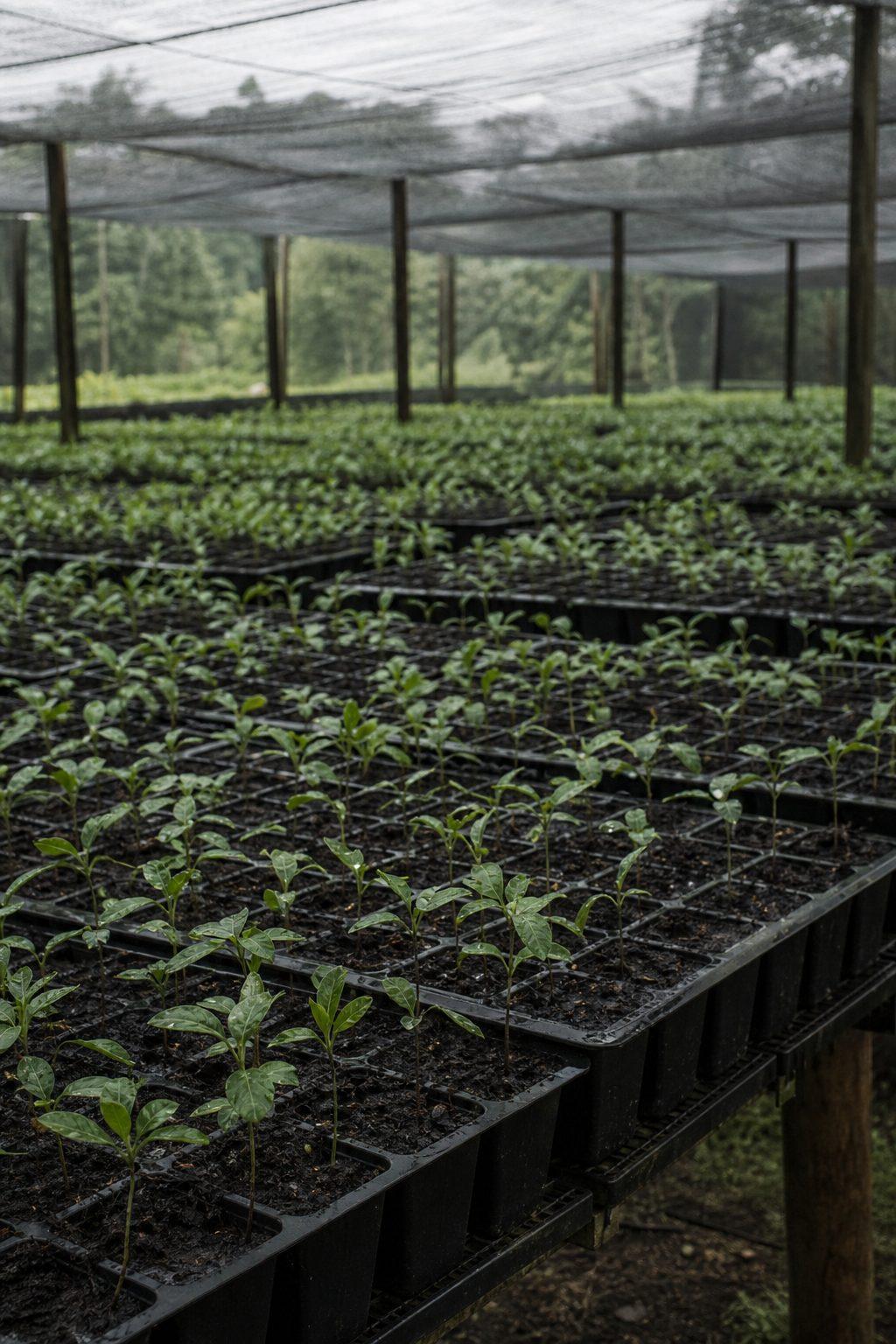 Reference specimen: propagation trays of young native seedlings under shade cloth.