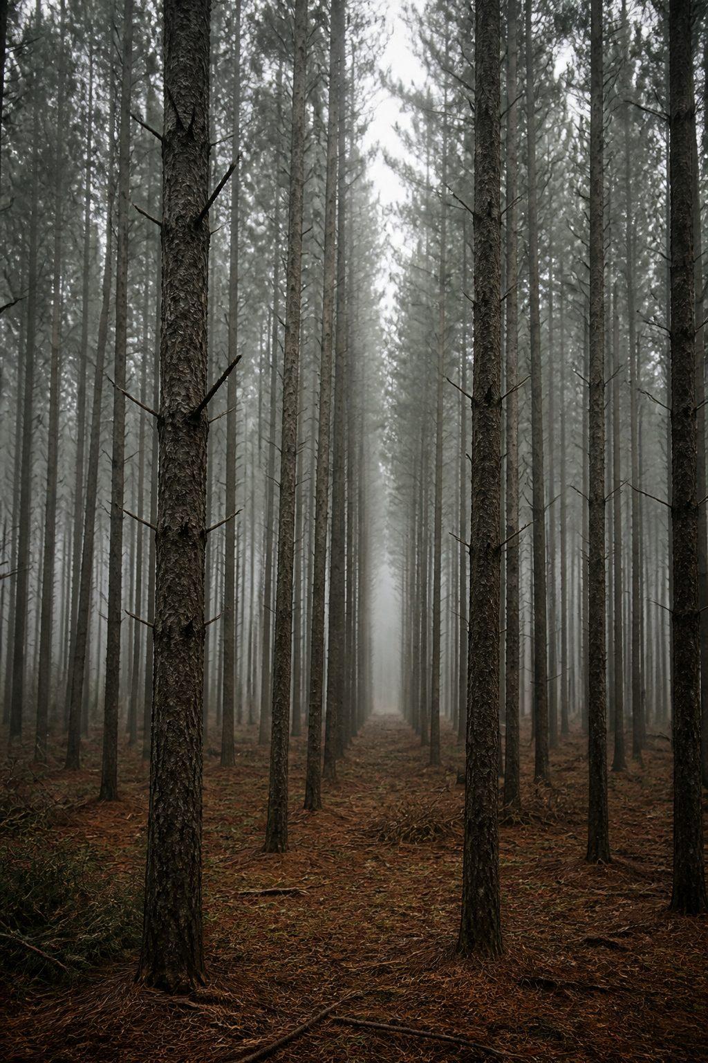Reference specimen: a stand of long-rotation conifers, straight boles under a closed crown.